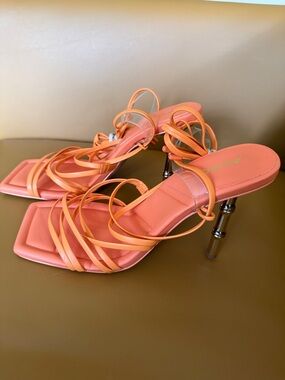 Aldo Coral-Orange Strappy Square-Toe Heeled Sandals